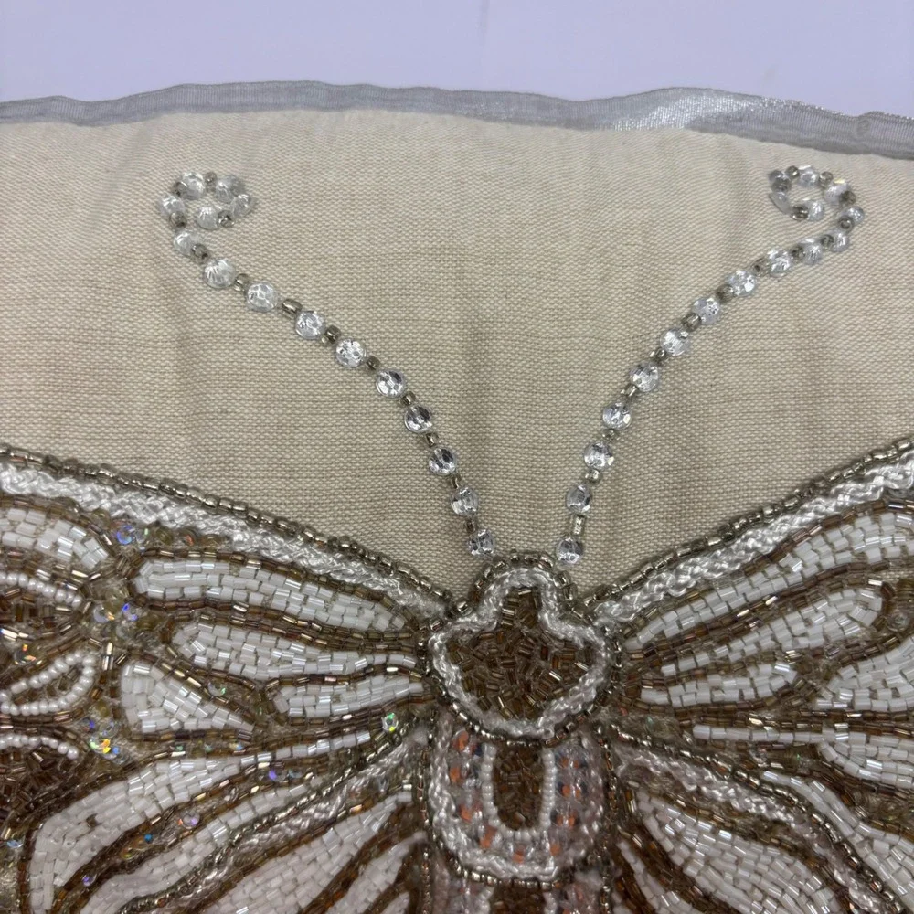 Vtg Cynthia Rowley Beaded Butterfly Lumbar Pillow Silver Gold Sequin Linen 12x20